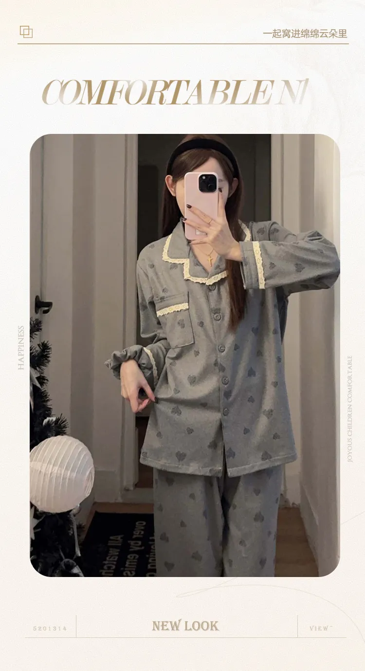 Orange Heart Sweet Lace Pajamas Women Winter Warm Thickened German Velvet Loose Loungewear with Free Hair Tie · Wholesale · OEM · Worldwide Shipping - Detail 2