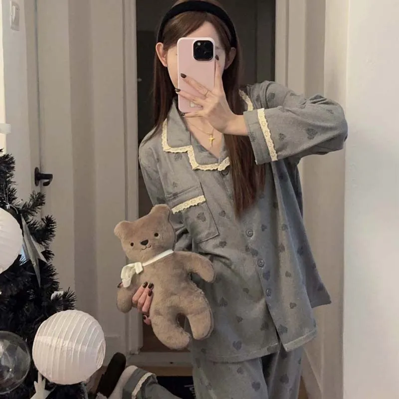Orange Heart Sweet Lace Pajamas Women Winter Warm Thickened German Velvet Loose Loungewear with Free Hair Tie · Wholesale · OEM · Worldwide Shipping - View 2