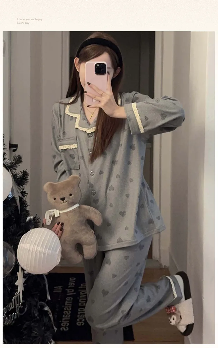 Orange Heart Sweet Lace Pajamas Women Winter Warm Thickened German Velvet Loose Loungewear with Free Hair Tie · Wholesale · OEM · Worldwide Shipping - Detail 8