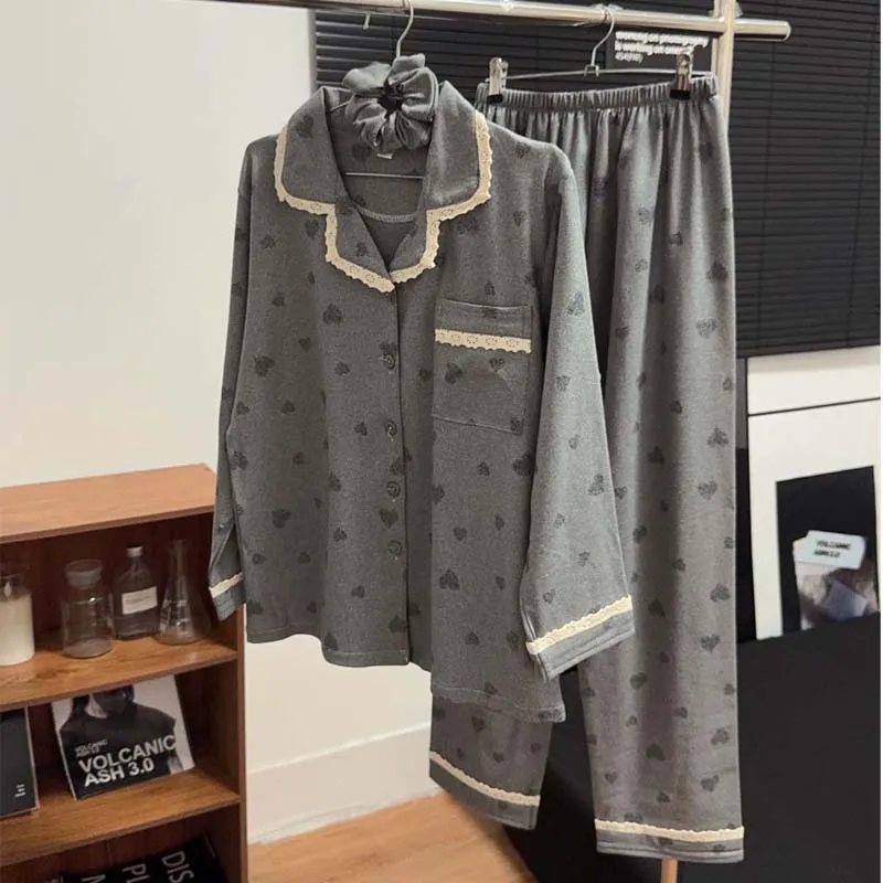 Orange Heart Sweet Lace Pajamas Women Winter Warm Thickened German Velvet Loose Loungewear with Free Hair Tie · Wholesale · OEM · Worldwide Shipping - View 3