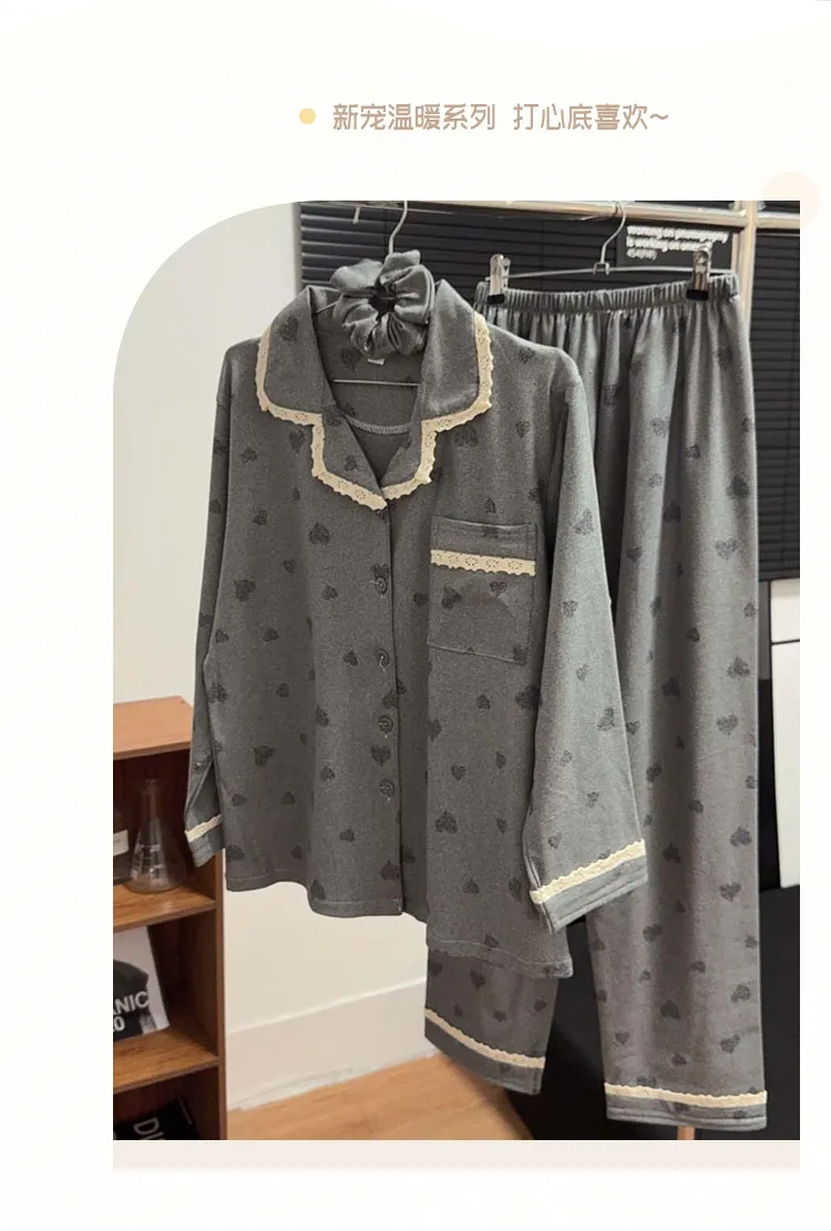 Orange Heart Sweet Lace Pajamas Women Winter Warm Thickened German Velvet Loose Loungewear with Free Hair Tie · Wholesale · OEM · Worldwide Shipping - Detail 7