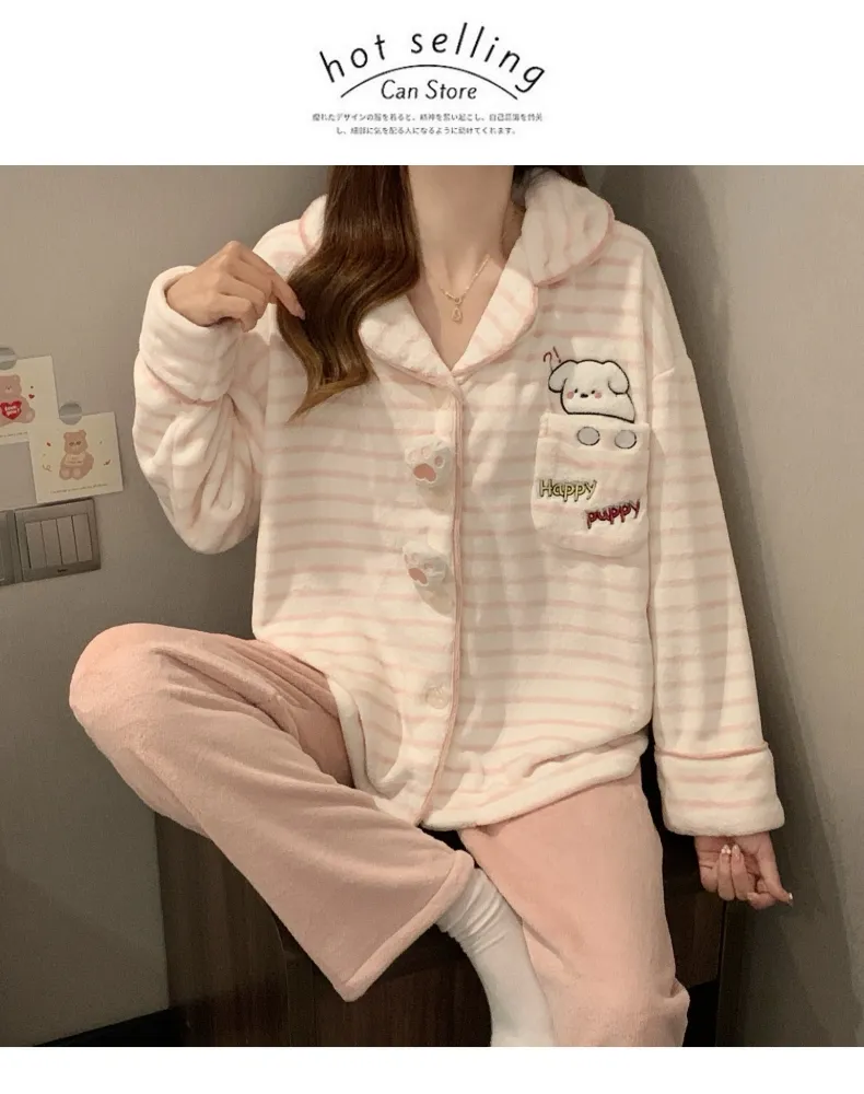 بيجامة نسائية من الفانيلا الكورالية، خريفية وشتوية، سميكة ومبطنة، دافئة، حلوة ولطيفة، طقم من قطعتين للمنزل · بيع بالجملة · تصنيع حسب الطلب · شحن عالمي - Detail 17