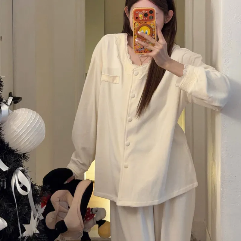 برتقالي القلب، دانتيل جديد بأسلوب حلو، بيجامة نسائية من صوف الجزيرة لفصل الشتاء، مريحة ودافئة، طقم من قطعتين · بيع بالجملة · تصنيع حسب الطلب · شحن عالمي - View 3