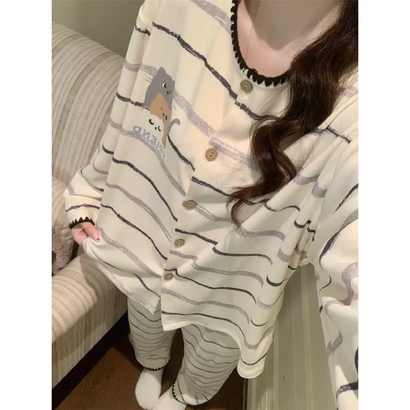 Nouveauté automne-hiver, col rond, rayures et tête de chaton, manches longues et pantalon long, pyjama cartoon mignon portable à l'extérieur, ensemble · Grossiste · OEM · Mondial - View 2