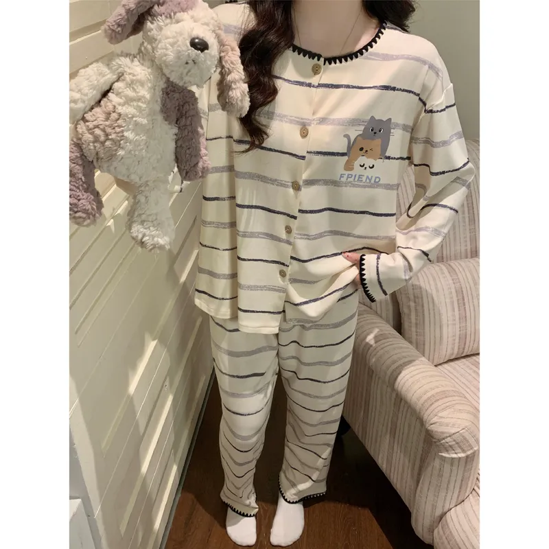 Nouveauté automne-hiver, col rond, rayures et tête de chaton, manches longues et pantalon long, pyjama cartoon mignon portable à l'extérieur, ensemble · Grossiste · OEM · Mondial - View 1