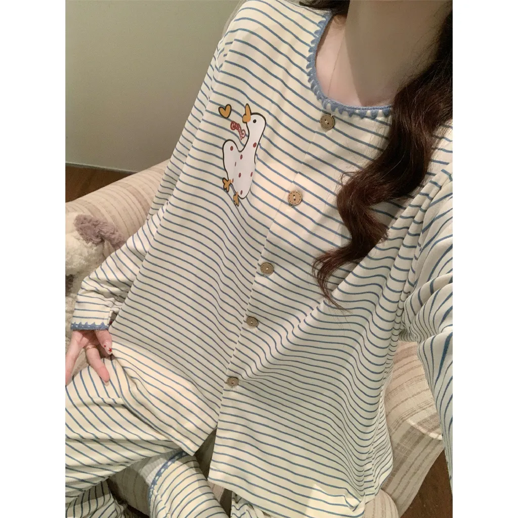 Setelan Piyama Lengan Panjang Celana Panjang Musim Gugur Musim Dingin Model Baru Bahan Dralon Kerah Bulat Motif Garis Horizontal Bebek Kartun Lucu Bisa Dipakai di Luar · Grosir · OEM · Pengiriman Global - Detail 6