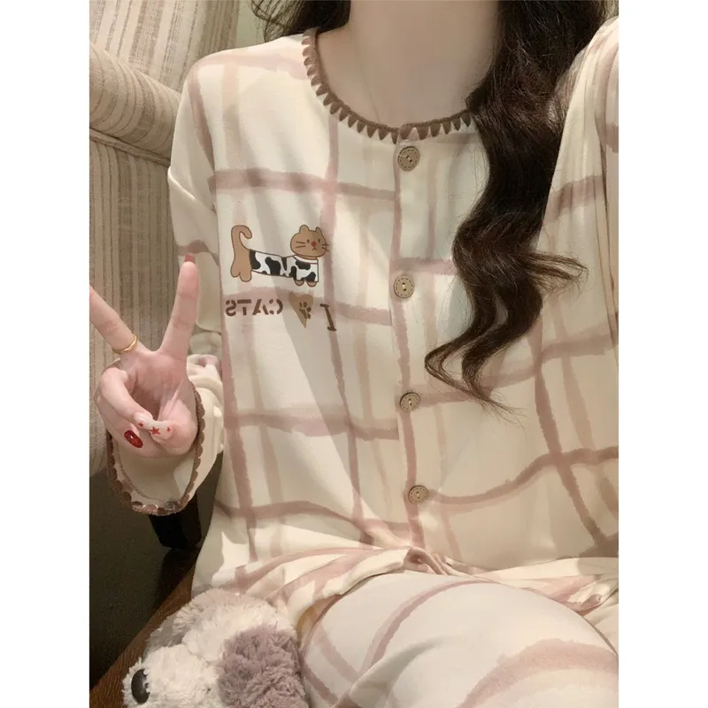 가을겨울 신상 더블라운드넥 핑크브라운 체크 고양이 긴팔 긴바지 귀여운 외출 가능 홈웨어 세트 · 도매 · OEM · 전 세계 배송 - View 2