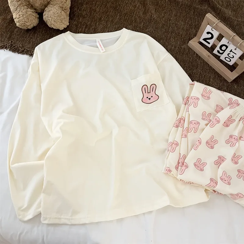 Cotton-Like # Cotton Round Neck Pink Bunny Cute Japanese Minimalist Pajamas Women Spring Autumn Influencer Style Loungewear · Wholesale · OEM · Worldwide Shipping - View 1