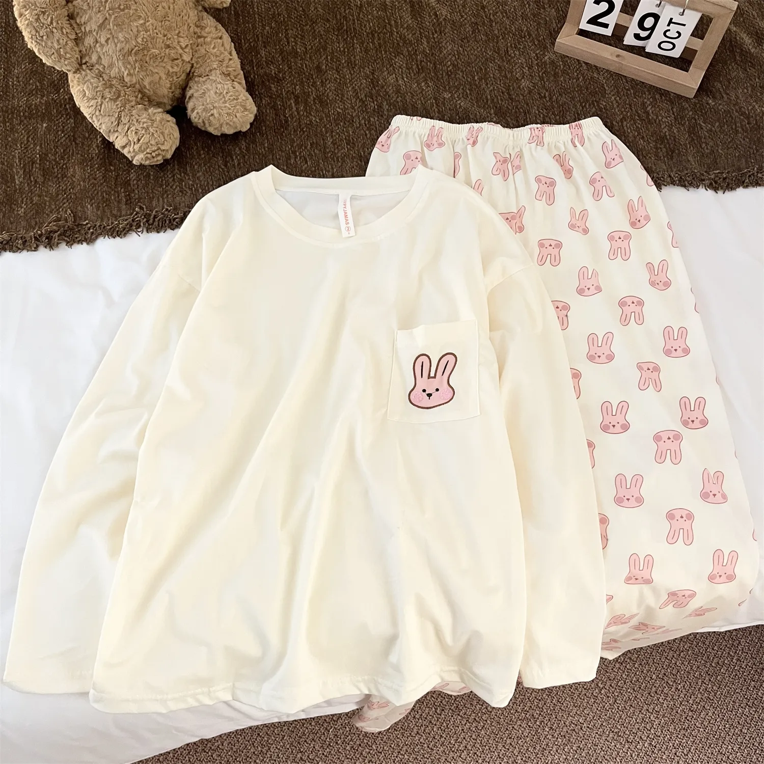 Cotton-Like # Cotton Round Neck Pink Bunny Cute Japanese Minimalist Pajamas Women Spring Autumn Influencer Style Loungewear · Wholesale · OEM · Worldwide Shipping - Detail 3