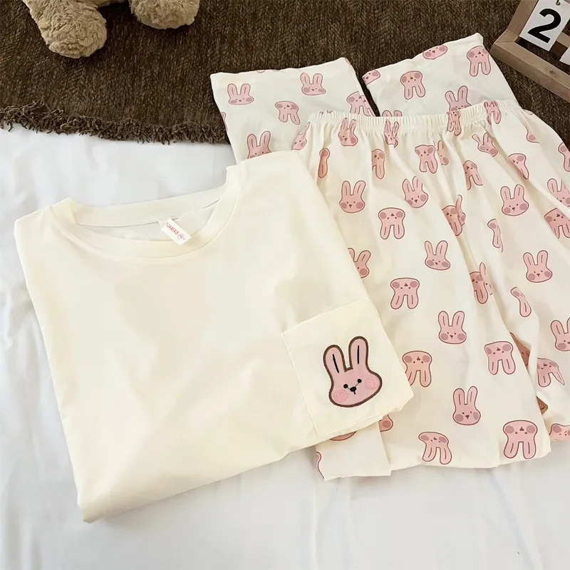 Cotton-Like # Cotton Round Neck Pink Bunny Cute Japanese Minimalist Pajamas Women Spring Autumn Influencer Style Loungewear · Wholesale · OEM · Worldwide Shipping - View 3