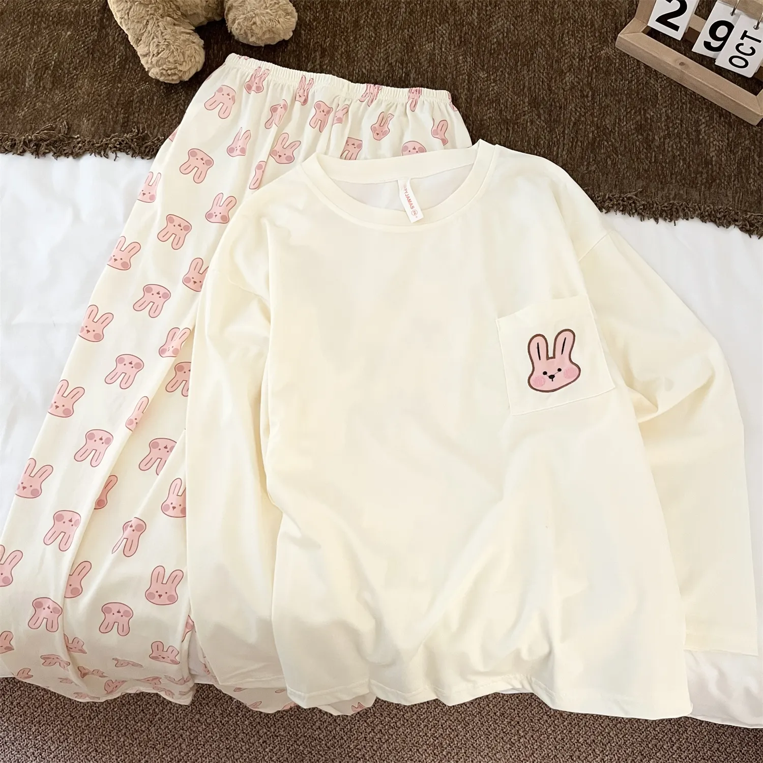 Cotton-Like # Cotton Round Neck Pink Bunny Cute Japanese Minimalist Pajamas Women Spring Autumn Influencer Style Loungewear · Wholesale · OEM · Worldwide Shipping - Detail 5