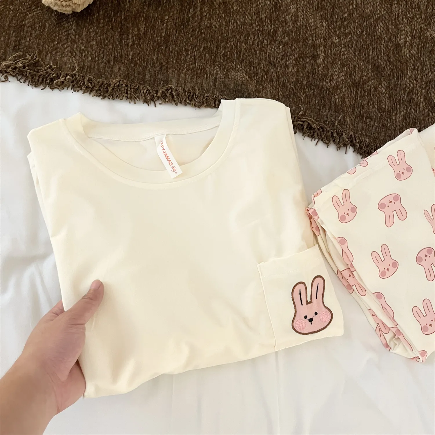 Cotton-Like # Cotton Round Neck Pink Bunny Cute Japanese Minimalist Pajamas Women Spring Autumn Influencer Style Loungewear · Wholesale · OEM · Worldwide Shipping - Detail 8
