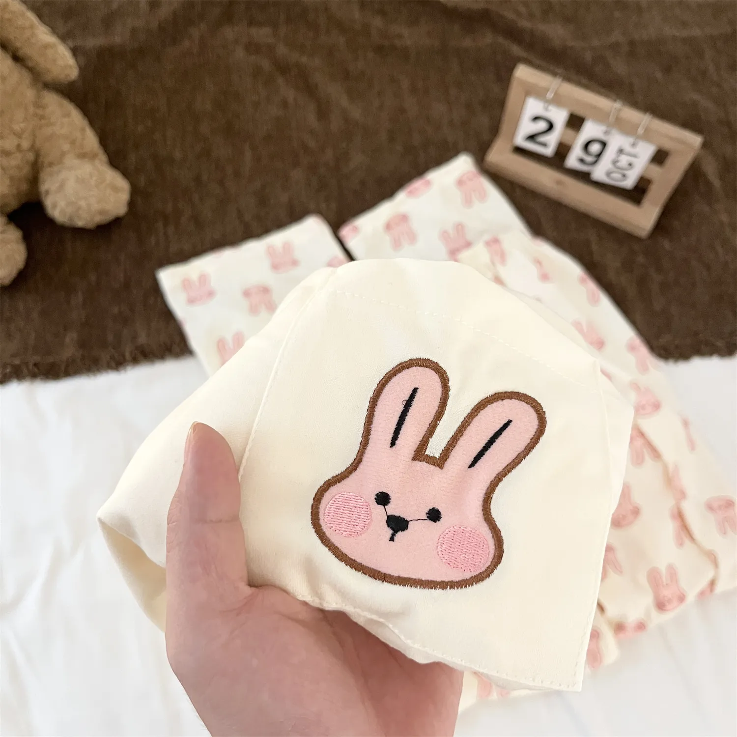 Cotton-Like # Cotton Round Neck Pink Bunny Cute Japanese Minimalist Pajamas Women Spring Autumn Influencer Style Loungewear · Wholesale · OEM · Worldwide Shipping - Detail 7