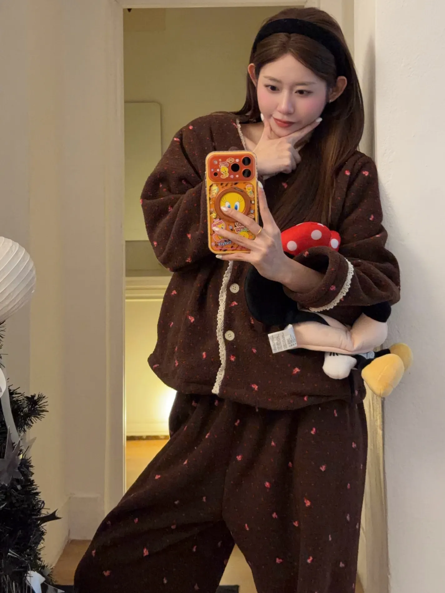 오렌지 하트 겨울 신상 일본풍 러블리 레이스 플라워 패턴 패딩 보온 양매 플리스 투피스 세트 · 도매 · OEM · 전 세계 배송 - Detail 23