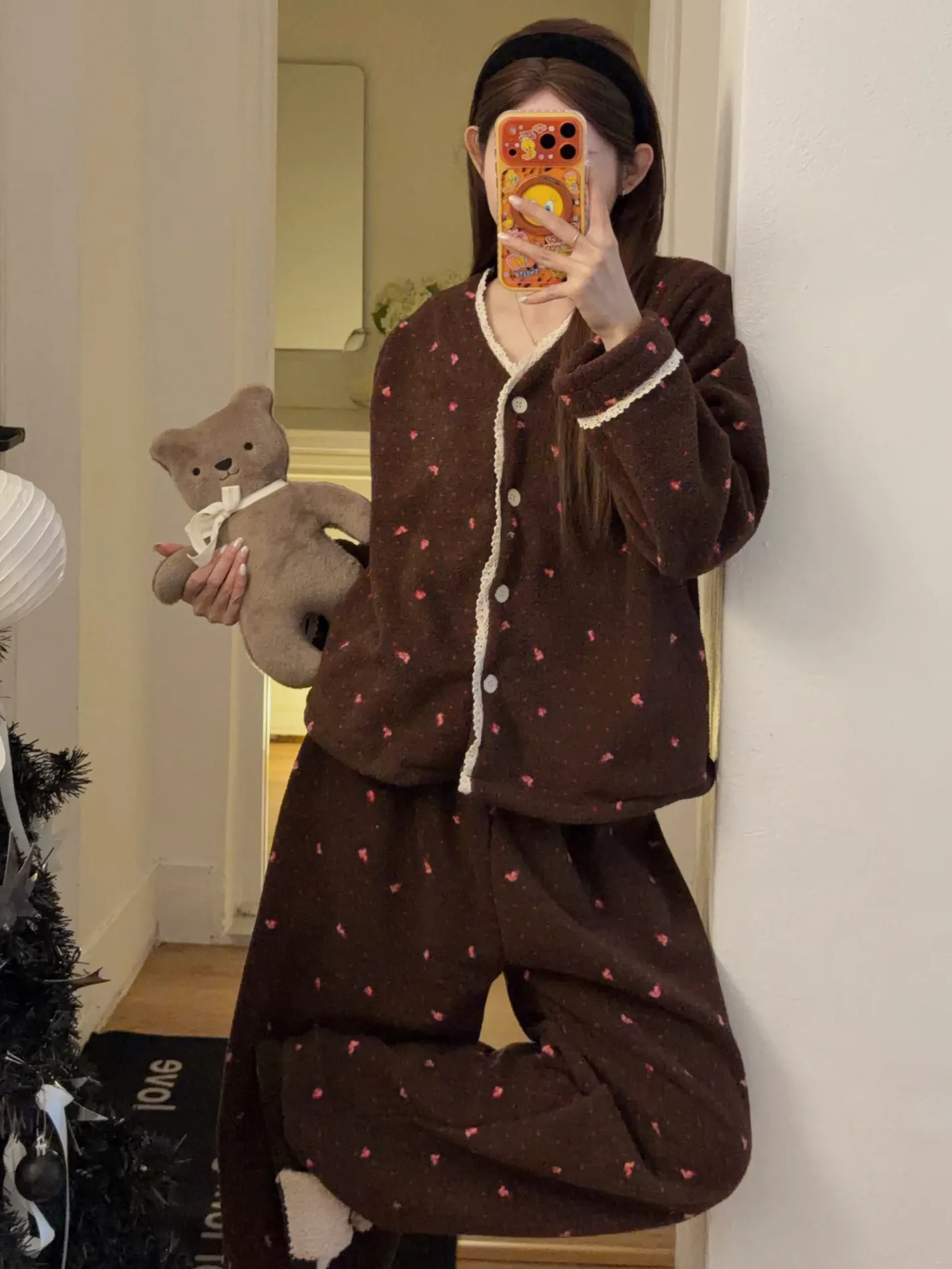 오렌지 하트 겨울 신상 일본풍 러블리 레이스 플라워 패턴 패딩 보온 양매 플리스 투피스 세트 · 도매 · OEM · 전 세계 배송 - Detail 19