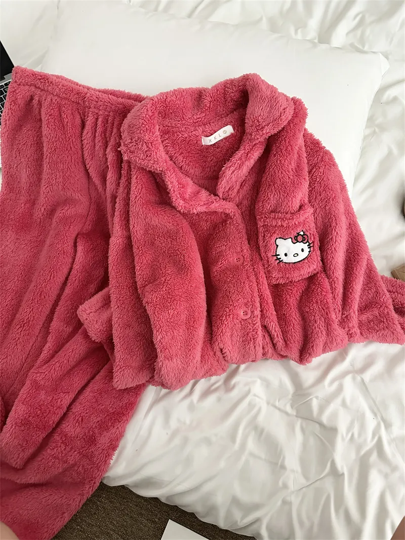 Pyjama femme en velours corail rose KT, ensemble chaud nouvelle collection hiver, style网红 mignon avec motif cartoon, tenue d'intérieur · Grossiste · OEM · Mondial - View 1