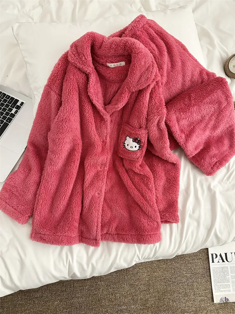 Pyjama femme en velours corail rose KT, ensemble chaud nouvelle collection hiver, style网红 mignon avec motif cartoon, tenue d'intérieur · Grossiste · OEM · Mondial - View 4