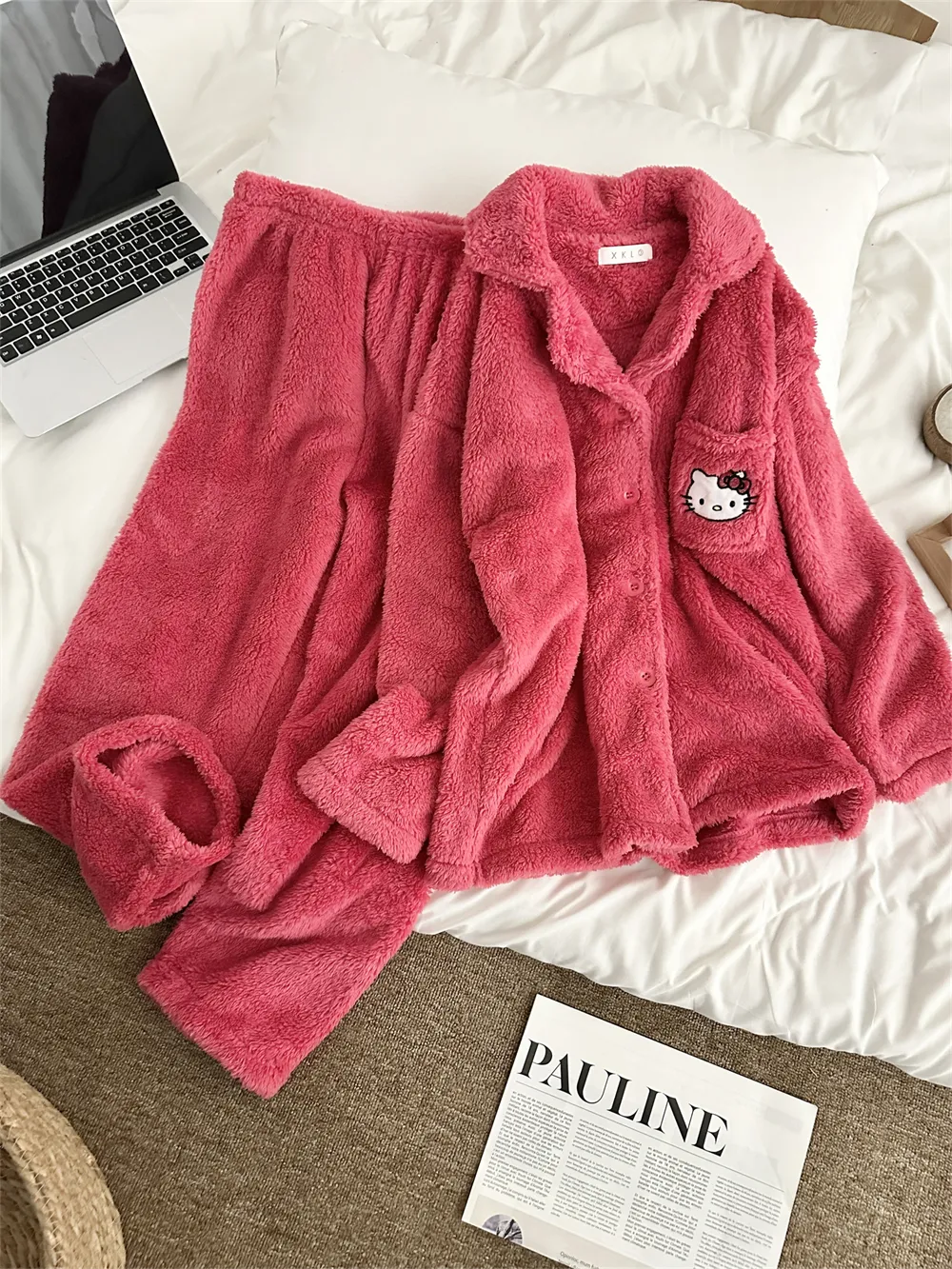 Pyjama femme en velours corail rose KT, ensemble chaud nouvelle collection hiver, style网红 mignon avec motif cartoon, tenue d'intérieur · Grossiste · OEM · Mondial - Detail 3