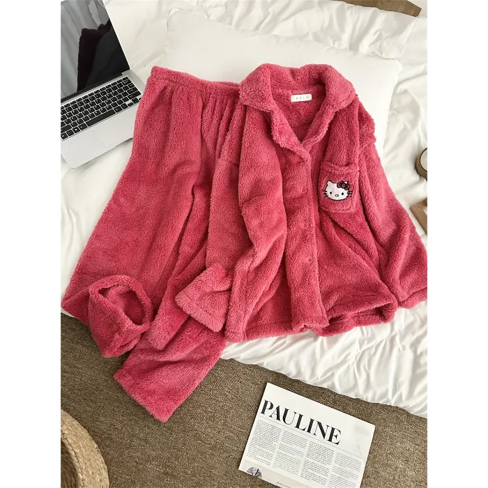 Pyjama femme en velours corail rose KT, ensemble chaud nouvelle collection hiver, style网红 mignon avec motif cartoon, tenue d'intérieur · Grossiste · OEM · Mondial - Detail 1