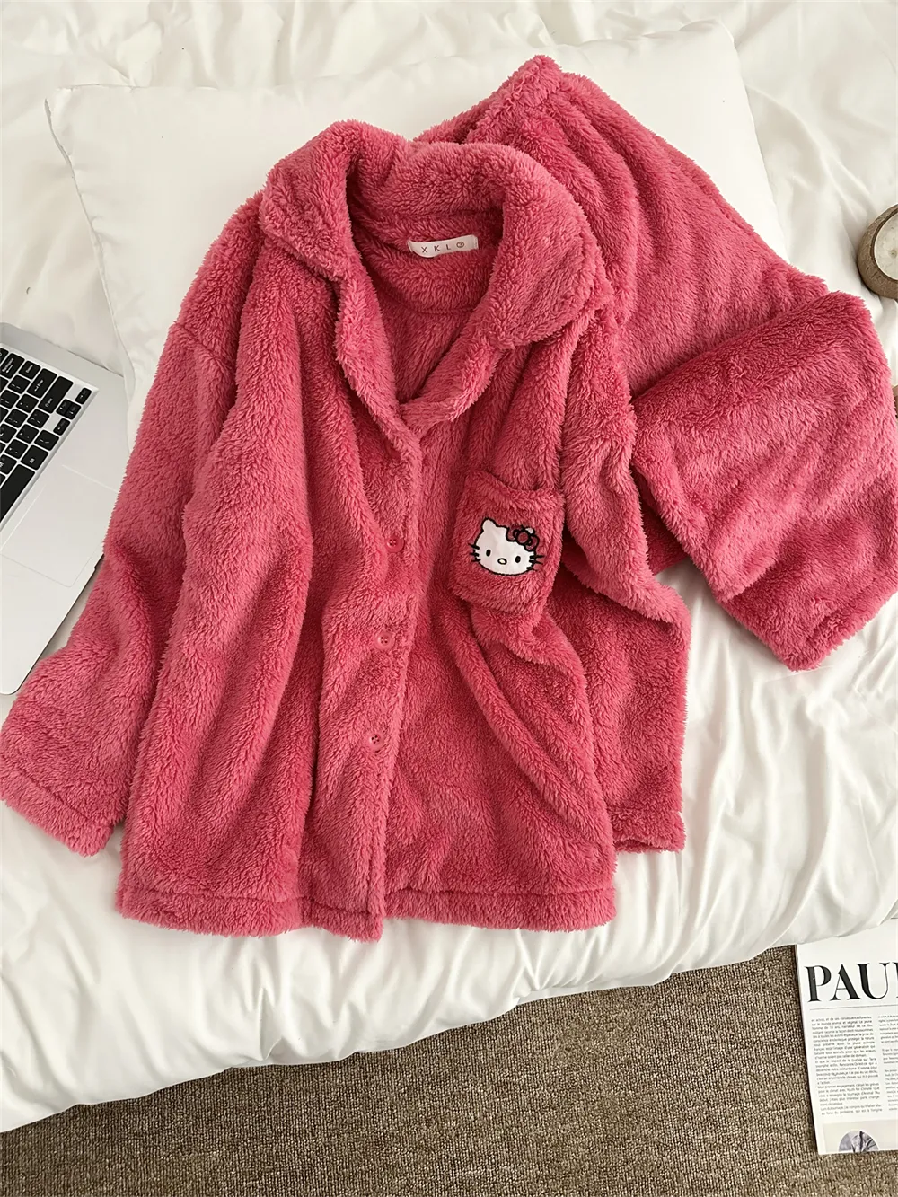 Pyjama femme en velours corail rose KT, ensemble chaud nouvelle collection hiver, style网红 mignon avec motif cartoon, tenue d'intérieur · Grossiste · OEM · Mondial - Detail 7