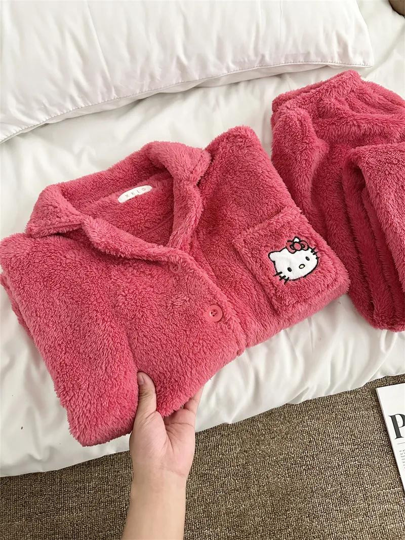 Pyjama femme en velours corail rose KT, ensemble chaud nouvelle collection hiver, style网红 mignon avec motif cartoon, tenue d'intérieur · Grossiste · OEM · Mondial - View 3