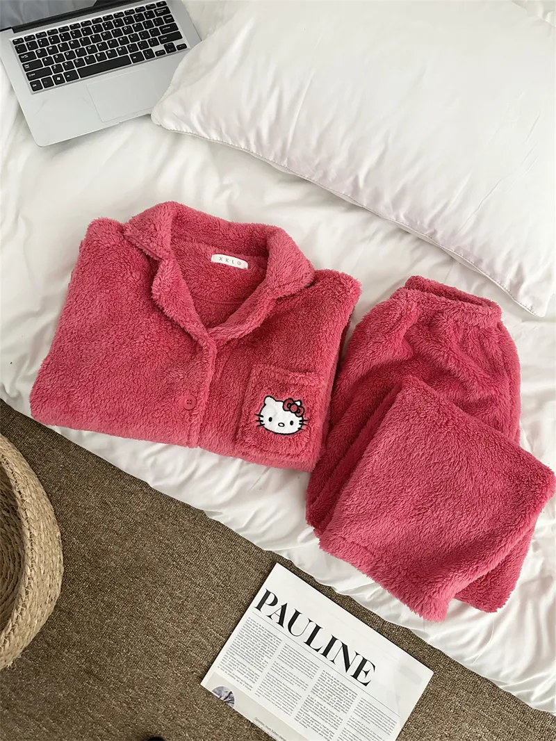 Pyjama femme en velours corail rose KT, ensemble chaud nouvelle collection hiver, style网红 mignon avec motif cartoon, tenue d'intérieur · Grossiste · OEM · Mondial - View 2