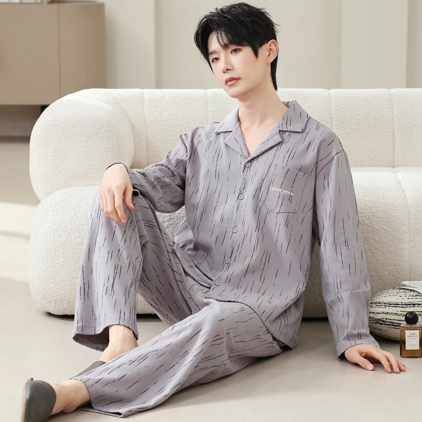 남성 순면 긴팔 긴바지 심플 프린트 칼라 카디건 홈웨어 루즈핏 외출 가능 봄가을 2피스 세트 · 도매 · OEM · 전 세계 배송 - View 1