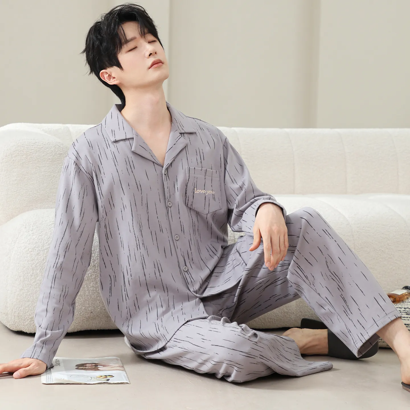 남성 순면 긴팔 긴바지 심플 프린트 칼라 카디건 홈웨어 루즈핏 외출 가능 봄가을 2피스 세트 · 도매 · OEM · 전 세계 배송 - View 2