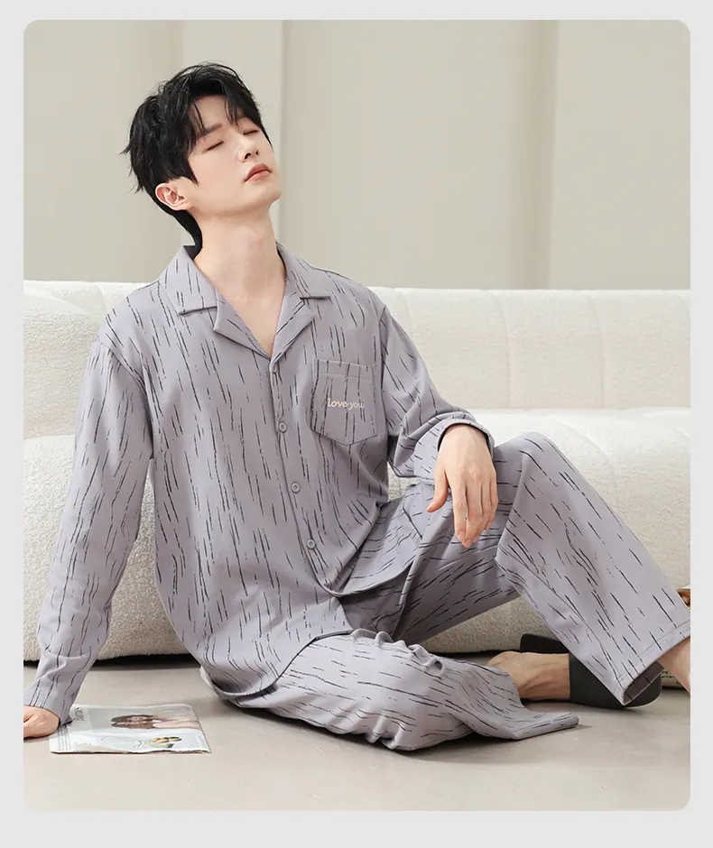 남성 순면 긴팔 긴바지 심플 프린트 칼라 카디건 홈웨어 루즈핏 외출 가능 봄가을 2피스 세트 · 도매 · OEM · 전 세계 배송 - Detail 17