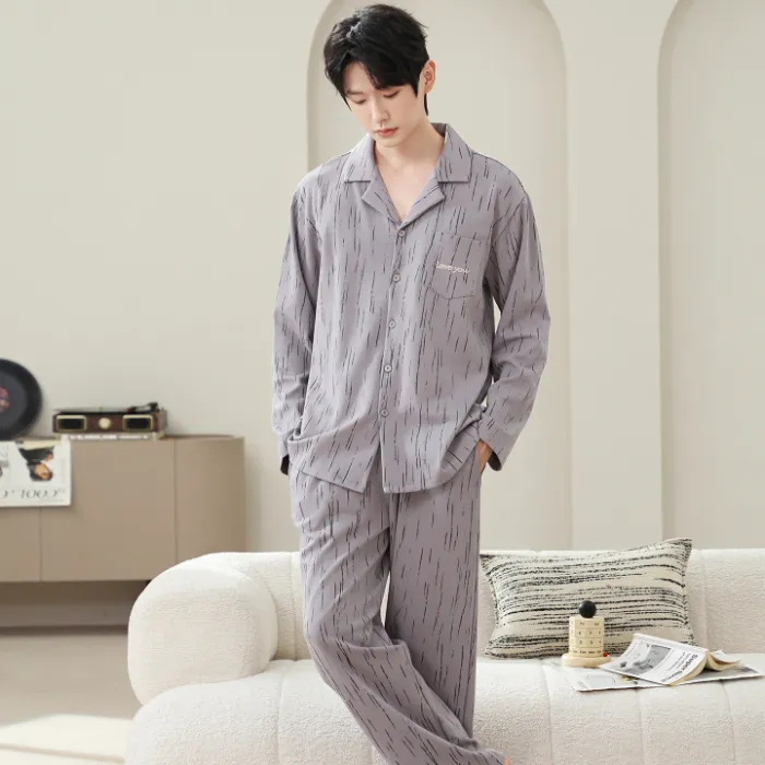 남성 순면 긴팔 긴바지 심플 프린트 칼라 카디건 홈웨어 루즈핏 외출 가능 봄가을 2피스 세트 · 도매 · OEM · 전 세계 배송 - Detail 1