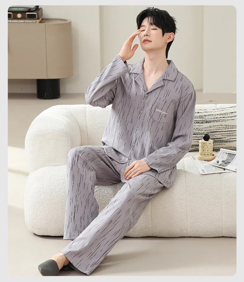 남성 순면 긴팔 긴바지 심플 프린트 칼라 카디건 홈웨어 루즈핏 외출 가능 봄가을 2피스 세트 · 도매 · OEM · 전 세계 배송 - Detail 16