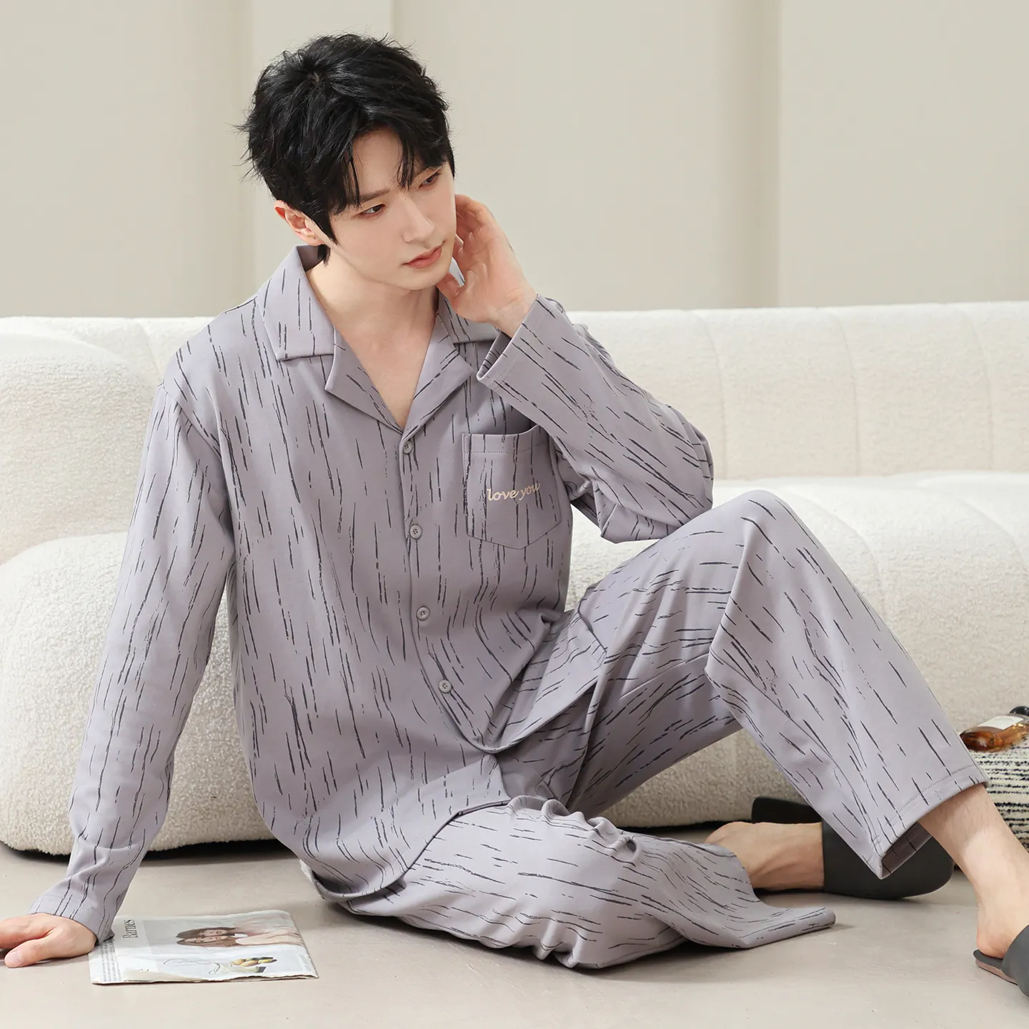 남성 순면 긴팔 긴바지 심플 프린트 칼라 카디건 홈웨어 루즈핏 외출 가능 봄가을 2피스 세트 · 도매 · OEM · 전 세계 배송 - View 4