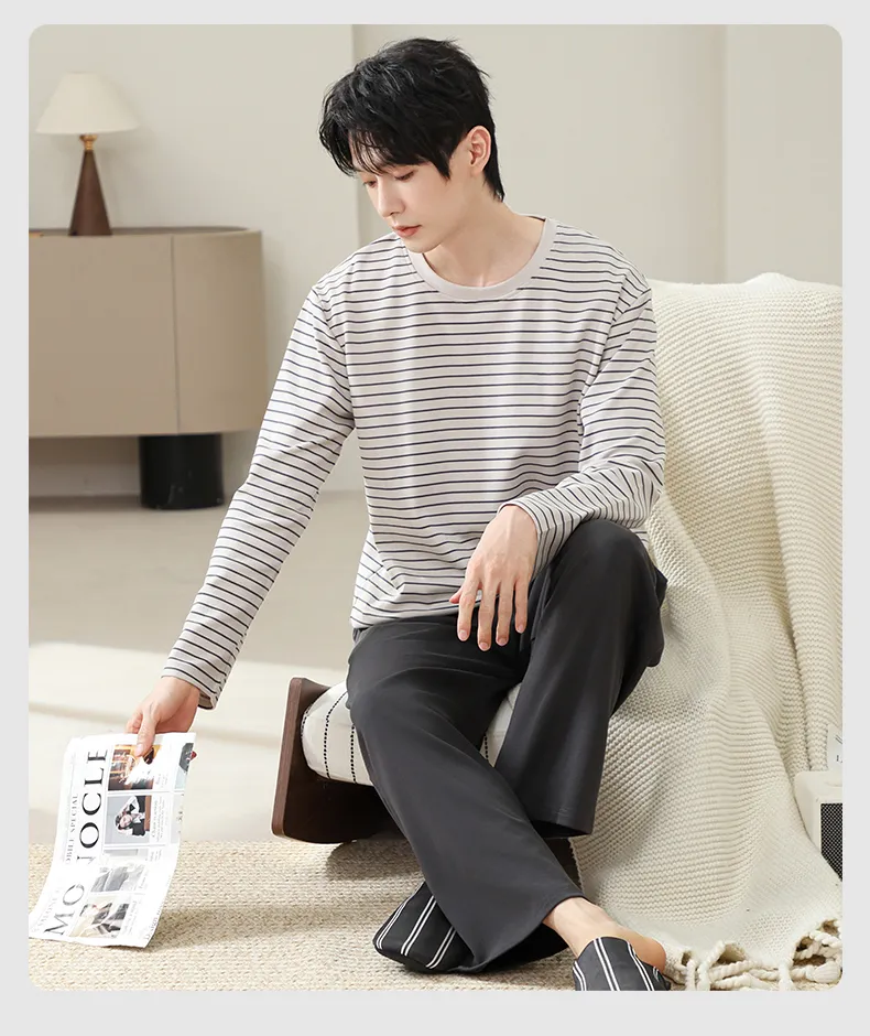 남성 순면 긴팔 긴바지 2피스 세트 봄가을 신상 캐주얼 심플 라운드넥 풀오버 홈웨어 외출 가능 · 도매 · OEM · 전 세계 배송 - Detail 17
