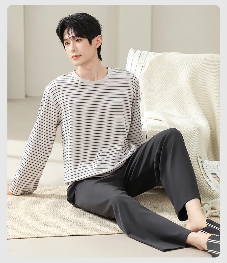남성 순면 긴팔 긴바지 2피스 세트 봄가을 신상 캐주얼 심플 라운드넥 풀오버 홈웨어 외출 가능 · 도매 · OEM · 전 세계 배송 - Detail 16