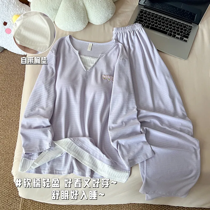 Autumn New Waffle Fake Two-Piece with Chest Pads Women's Two-Piece Long Loungewear Set · Wholesale · OEM · Worldwide Shipping