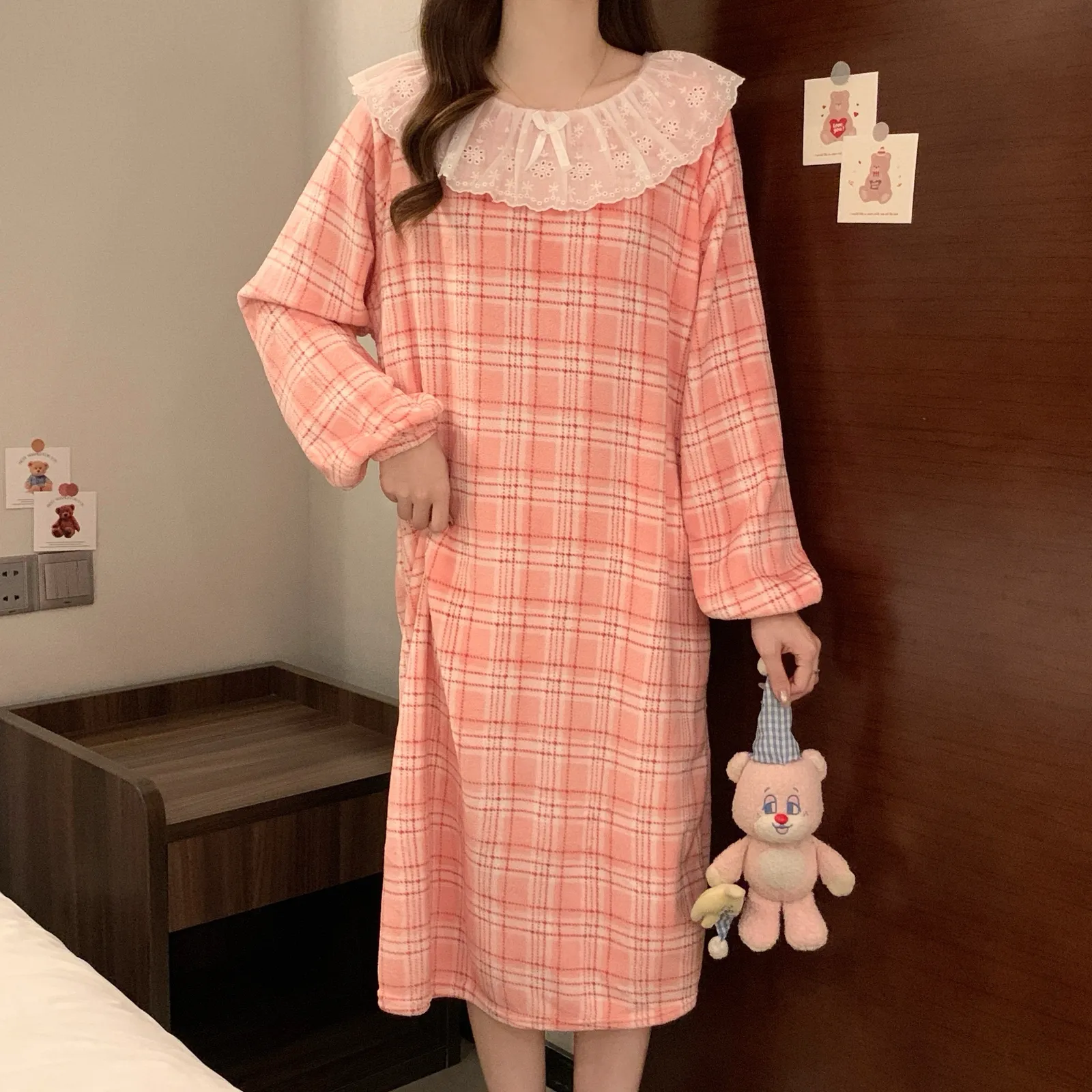 Abaoxi】Flannel Lace Nightdress Women Winter Loose Plus Size Coral Fleece Pajamas Women Cartoon Loungewear · Wholesale · OEM · Worldwide Shipping - Detail 8
