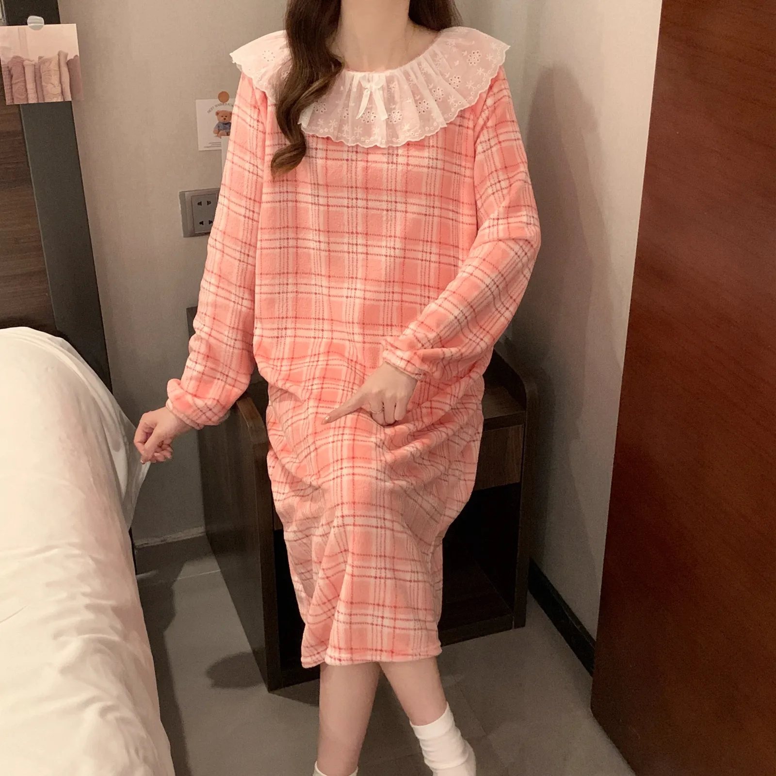 Abaoxi】Flannel Lace Nightdress Women Winter Loose Plus Size Coral Fleece Pajamas Women Cartoon Loungewear · Wholesale · OEM · Worldwide Shipping - Detail 6