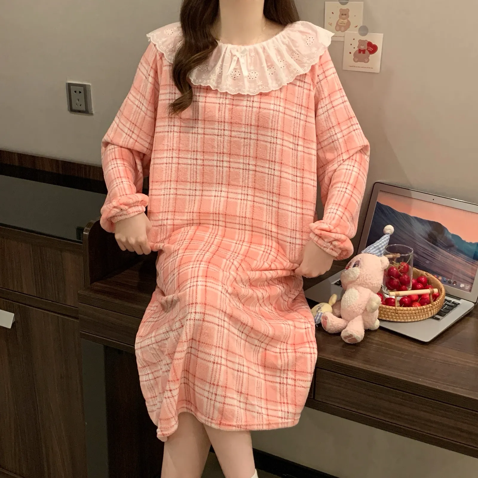 Abaoxi】Flannel Lace Nightdress Women Winter Loose Plus Size Coral Fleece Pajamas Women Cartoon Loungewear · Wholesale · OEM · Worldwide Shipping - Detail 7