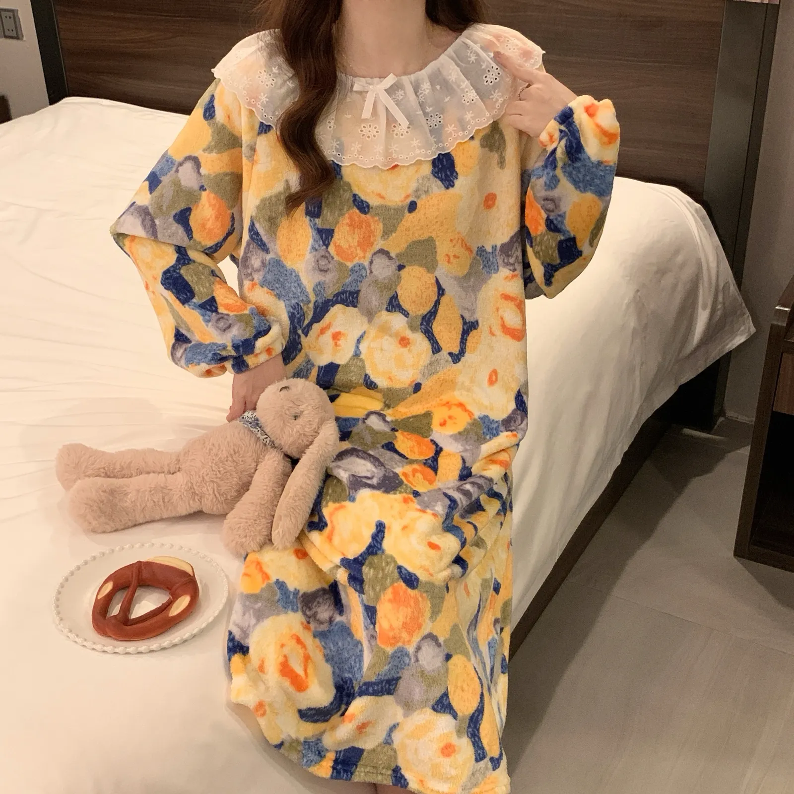 Flannel Lace Sleep Dress for Women Winter Loose Plus Size Coral Fleece Pajamas Cartoon Homewear · Wholesale · OEM · Worldwide Shipping - Detail 8