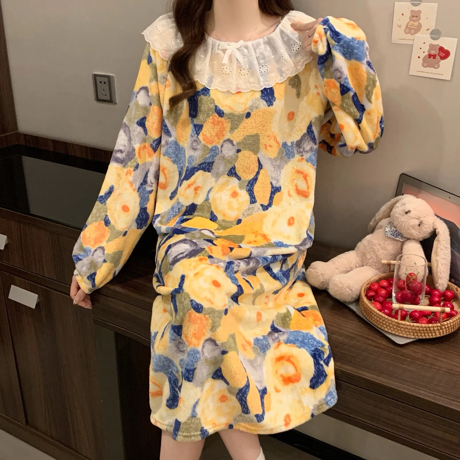 Flannel Lace Sleep Dress for Women Winter Loose Plus Size Coral Fleece Pajamas Cartoon Homewear · Wholesale · OEM · Worldwide Shipping - Detail 6