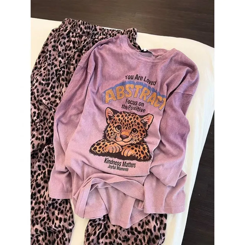 Source Factory/In Stock Purple Charm Leopard Print Long Sleeve Long Pants Casual Pajama Set Wearable Outside · Wholesale · OEM · Worldwide Shipping