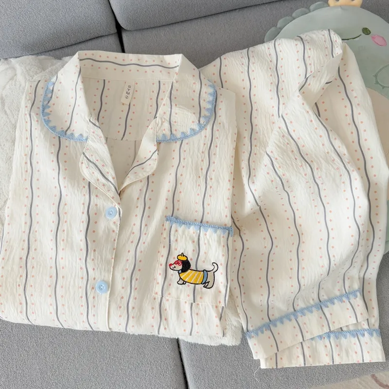Shell Brown Dot Stripe Cloud Cotton Vintage Polka Dot Plus Size Pajamas Cute Puppy Spring Autumn Long Sleeve Two-Piece Set · Wholesale · OEM · Worldwide Shipping