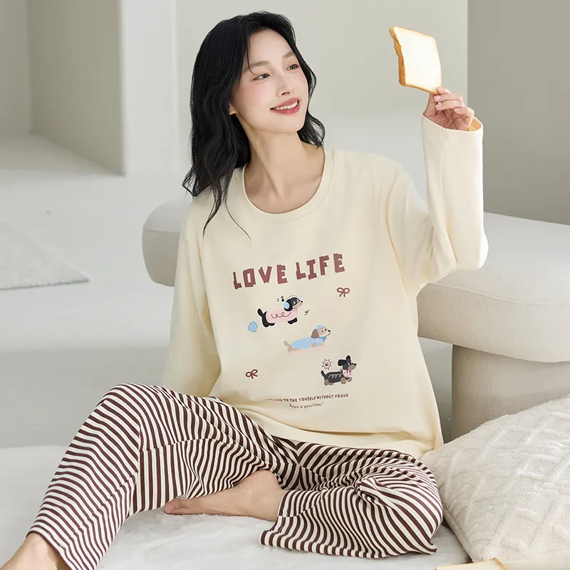 Cute Casual Women Pajamas Long Sleeve Pure Cotton Pullover Spring Autumn Homewear All Cotton Pajama Autumn Set Thin · Wholesale · OEM · Worldwide Shipping