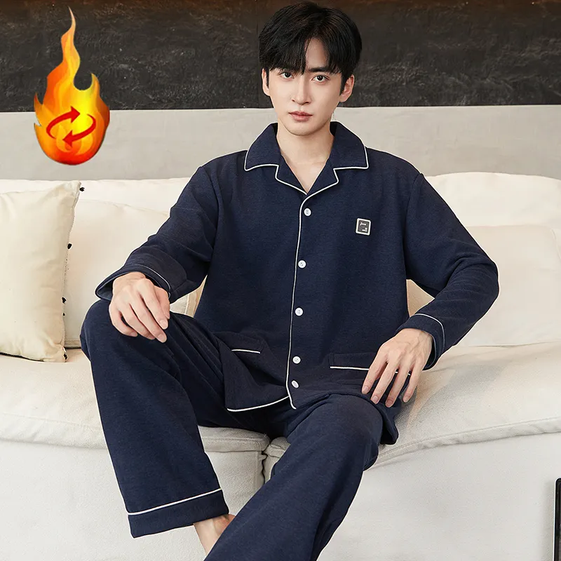 겨울 긴팔 카디건 얇은 기모 봄가을 보온 잠옷 얇은 남성 세트 홈웨어 청년 가을 드워 · 도매 · OEM · 전 세계 배송 - View 1