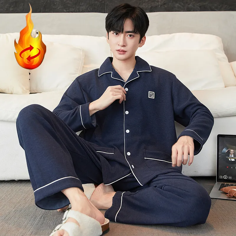 겨울 긴팔 카디건 얇은 기모 봄가을 보온 잠옷 얇은 남성 세트 홈웨어 청년 가을 드워 · 도매 · OEM · 전 세계 배송