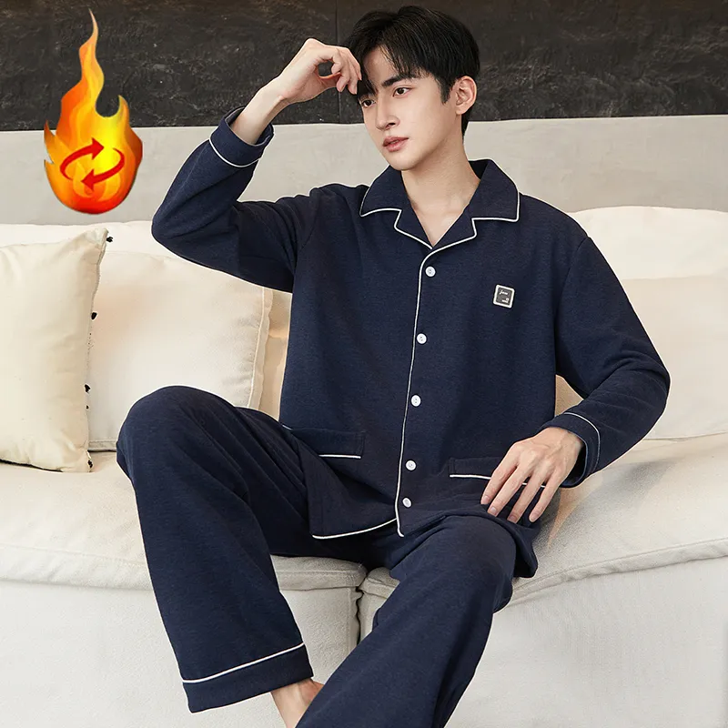 겨울 긴팔 카디건 얇은 기모 봄가을 보온 잠옷 얇은 남성 세트 홈웨어 청년 가을 드워 · 도매 · OEM · 전 세계 배송 - View 2
