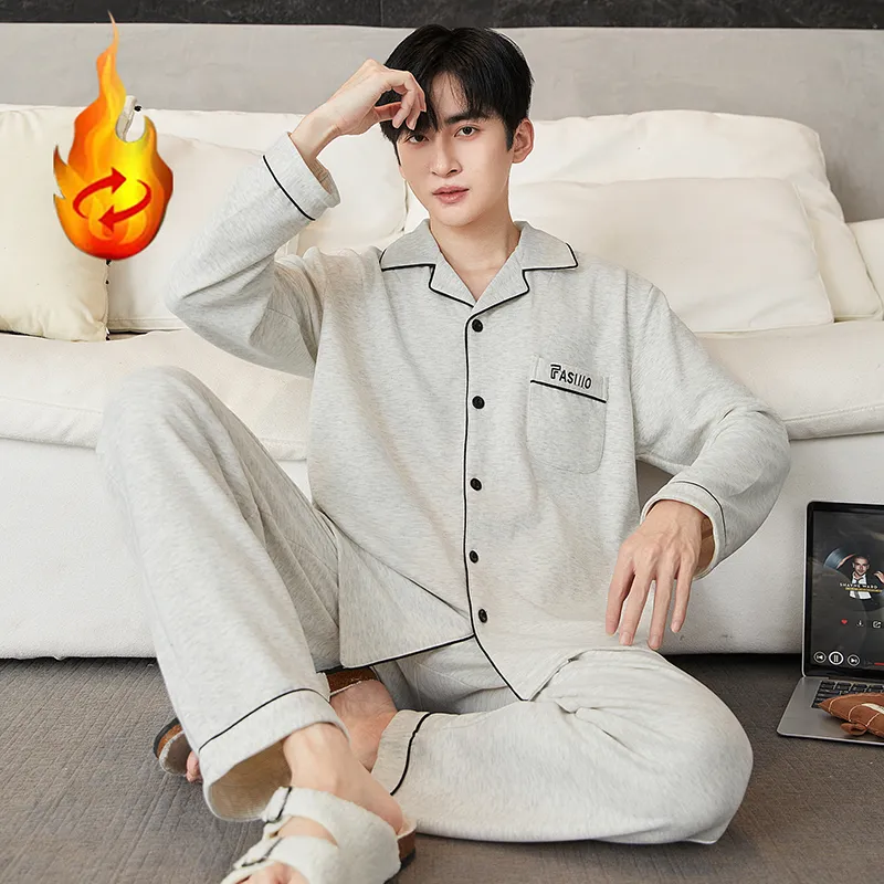 겨울 긴팔 카디건 얇은 기모 봄가을 보온 잠옷 슬림 남성 세트 홈웨어 청년 가을 겨울 더블벨벳 · 도매 · OEM · 전 세계 배송 - View 1