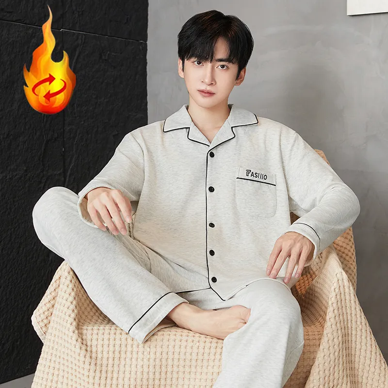 겨울 긴팔 카디건 얇은 기모 봄가을 보온 잠옷 슬림 남성 세트 홈웨어 청년 가을 겨울 더블벨벳 · 도매 · OEM · 전 세계 배송 - View 2