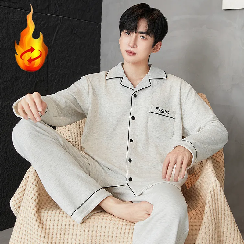 겨울 긴팔 카디건 얇은 기모 봄가을 보온 잠옷 슬림 남성 세트 홈웨어 청년 가을 겨울 더블벨벳 · 도매 · OEM · 전 세계 배송 - View 3