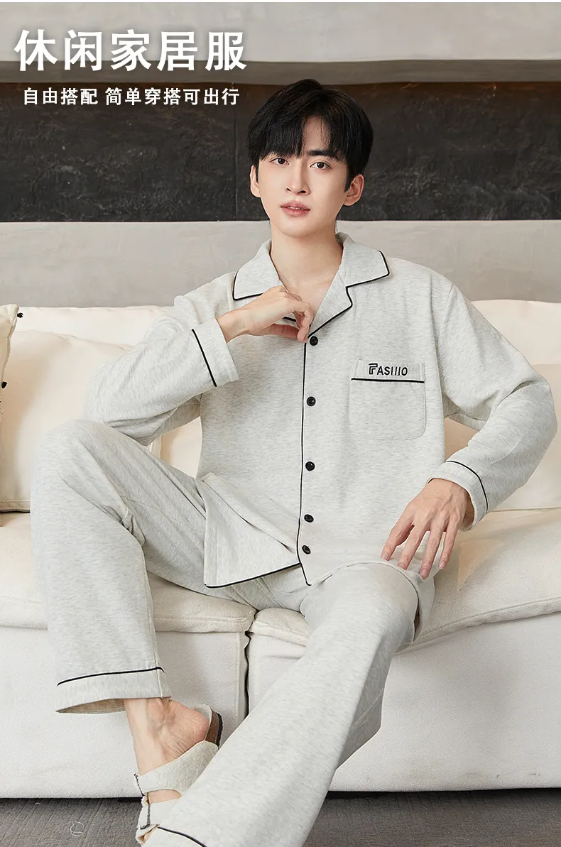 겨울 긴팔 카디건 얇은 기모 봄가을 보온 잠옷 슬림 남성 세트 홈웨어 청년 가을 겨울 더블벨벳 · 도매 · OEM · 전 세계 배송 - Detail 14
